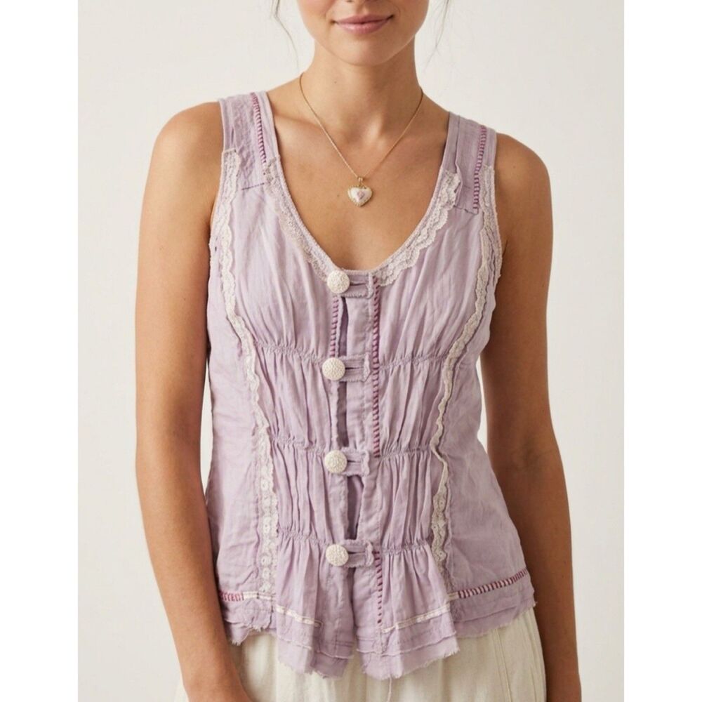 Vtg Free People Prairie Fairycore Runched Blouse Top Lilac Button Whimsigoth 10